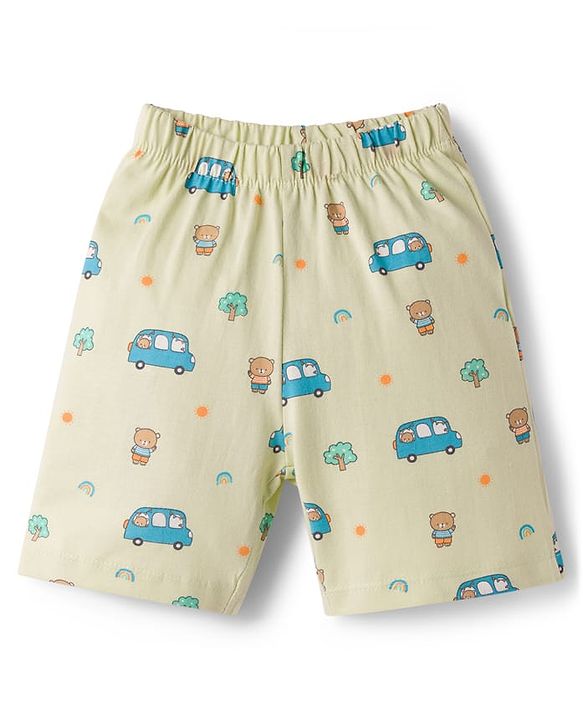 Babyhug Cotton Knit Half Sleeves Vehicles & Bear Printed Co-Ords Shirt & Shorts Night Suit - Light Green
