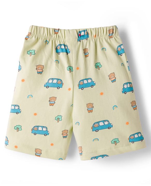 Babyhug Cotton Knit Half Sleeves Vehicles & Bear Printed Co-Ords Shirt & Shorts Night Suit - Light Green