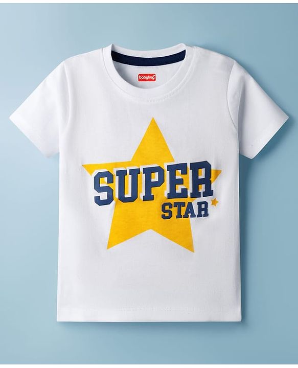 Babyhug 100% Cotton Knit Half Sleeves T-Shirt With Super Star Text Print - White