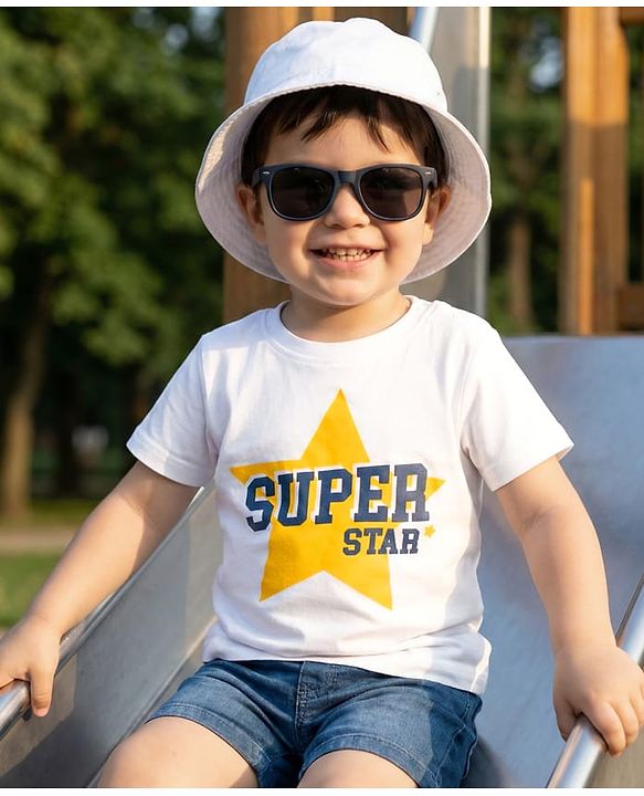 Babyhug 100% Cotton Knit Half Sleeves T-Shirt With Super Star Text Print - White