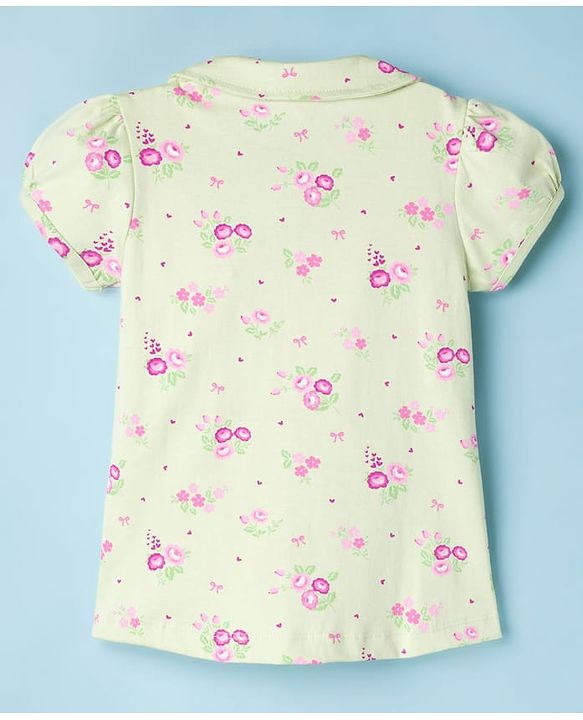 Babyhug Cotton Knit Half Sleeves Top & Pyjama Co-ord Night Suit With Floral Print - Light Green
