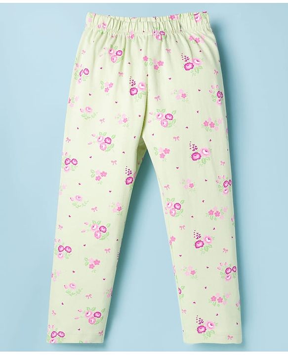 Babyhug Cotton Knit Half Sleeves Top & Pyjama Co-ord Night Suit With Floral Print - Light Green