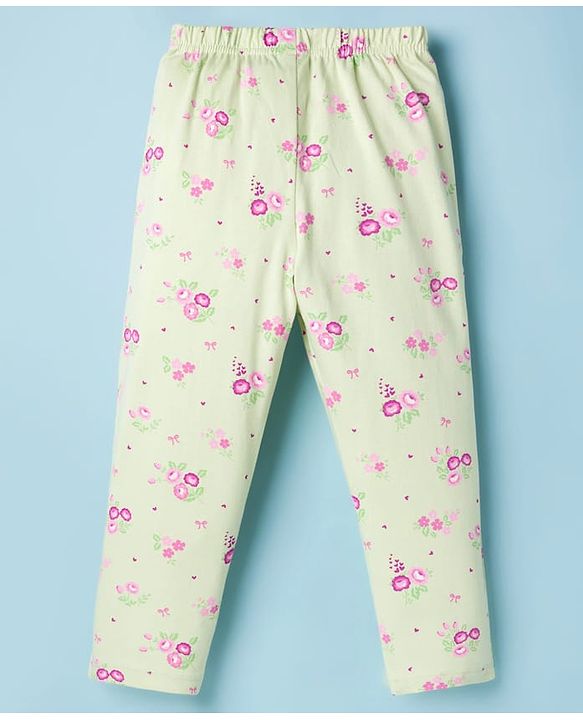Babyhug Cotton Knit Half Sleeves Top & Pyjama Co-ord Night Suit With Floral Print - Light Green