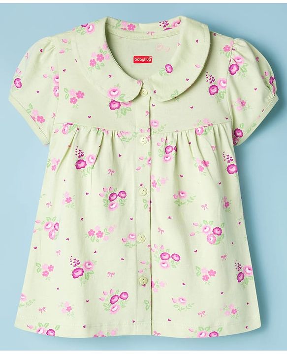 Babyhug Cotton Knit Half Sleeves Top & Pyjama Co-ord Night Suit With Floral Print - Light Green
