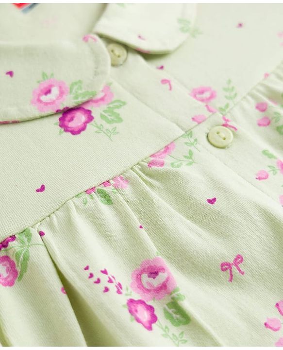 Babyhug Cotton Knit Half Sleeves Top & Pyjama Co-ord Night Suit With Floral Print - Light Green