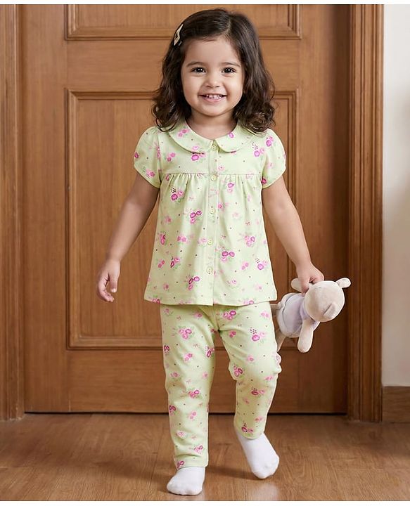 Babyhug Cotton Knit Half Sleeves Top & Pyjama Co-ord Night Suit With Floral Print - Light Green