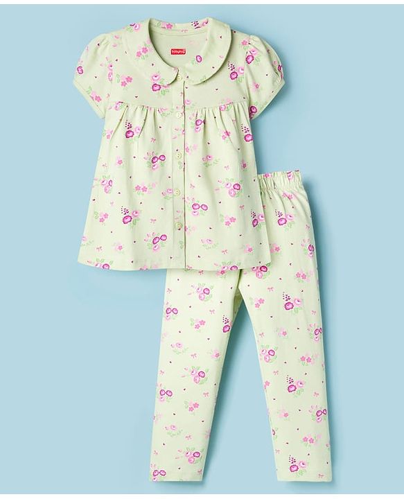 Babyhug Cotton Knit Half Sleeves Top & Pyjama Co-ord Night Suit With Floral Print - Light Green