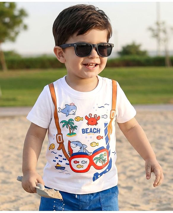 Babyhug Cotton Knit Half Sleeves T-Shirt with Beach Theme Print - White