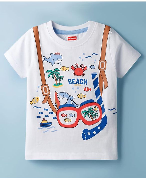 Babyhug Cotton Knit Half Sleeves T-Shirt with Beach Theme Print - White