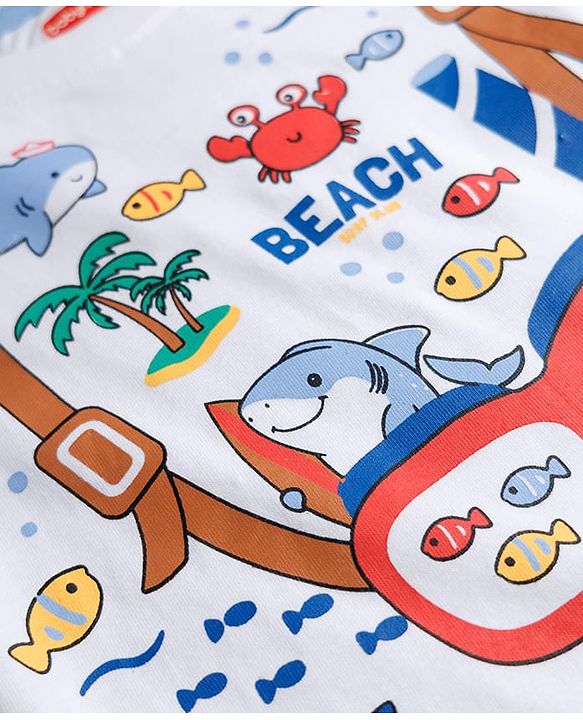 Babyhug Cotton Knit Half Sleeves T-Shirt with Beach Theme Print - White