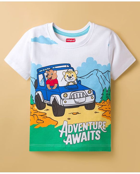 Babyhug Cotton Knit Half Sleeves T-Shirt with Adventure Print - White