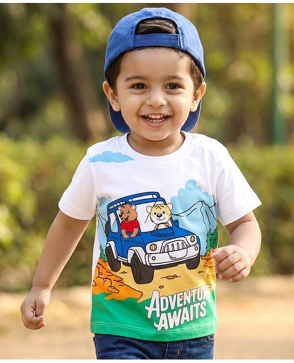 Babyhug Cotton Knit Half Sleeves T-Shirt with Adventure Print - White