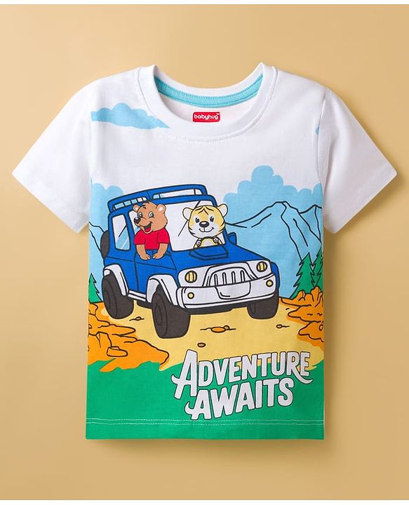 Babyhug Cotton Knit Half Sleeves T-Shirt with Adventure Print - White