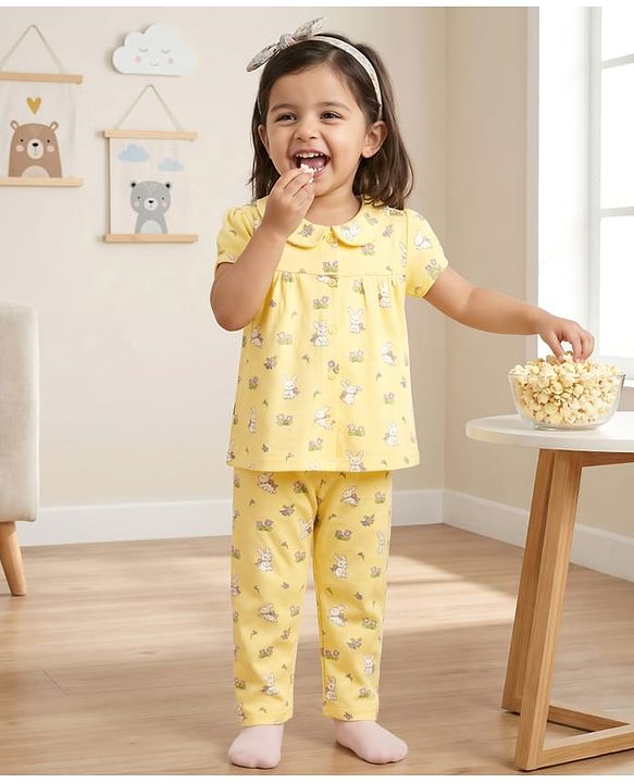 Babyhug Cotton Knit Half Sleeves Top & Pyjama Co-ord Night Suit With Bunny & Floral Print - Yellow