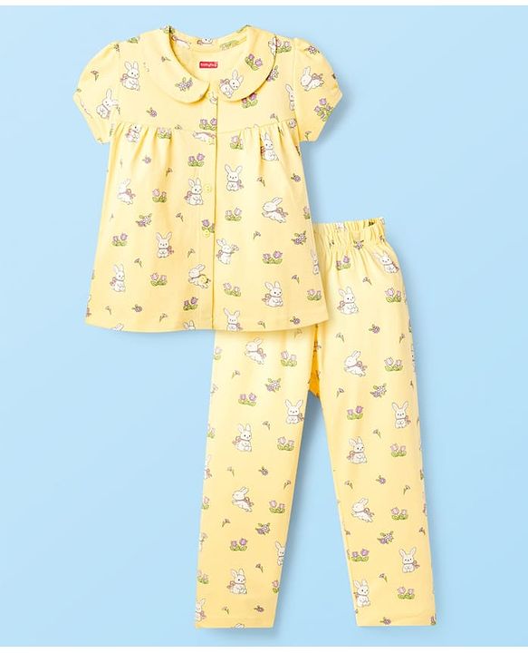 Babyhug Cotton Knit Half Sleeves Top & Pyjama Co-ord Night Suit With Bunny & Floral Print - Yellow