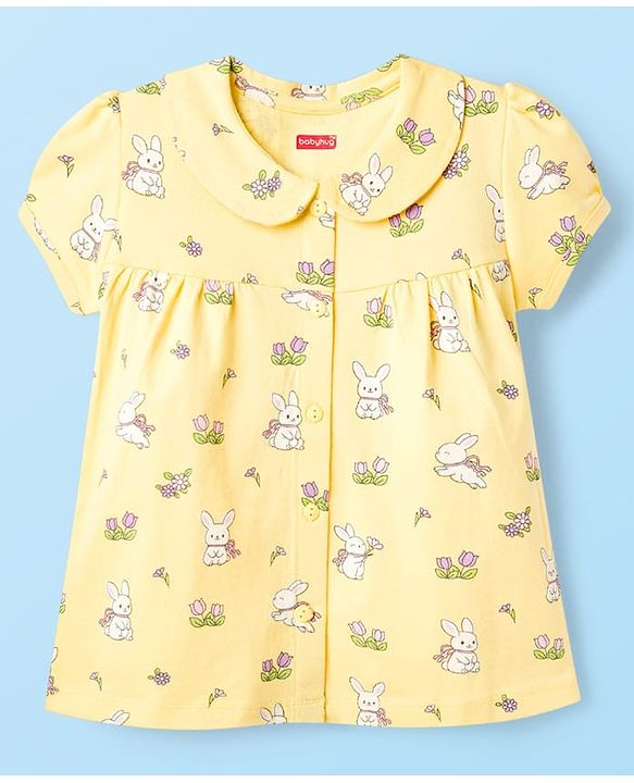 Babyhug Cotton Knit Half Sleeves Top & Pyjama Co-ord Night Suit With Bunny & Floral Print - Yellow