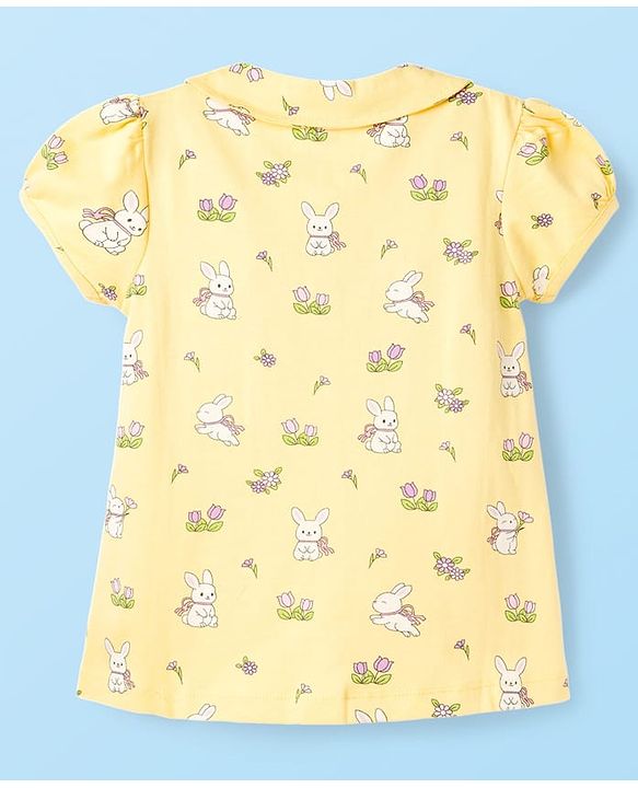 Babyhug Cotton Knit Half Sleeves Top & Pyjama Co-ord Night Suit With Bunny & Floral Print - Yellow