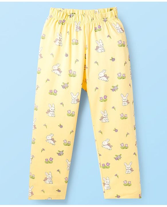 Babyhug Cotton Knit Half Sleeves Top & Pyjama Co-ord Night Suit With Bunny & Floral Print - Yellow