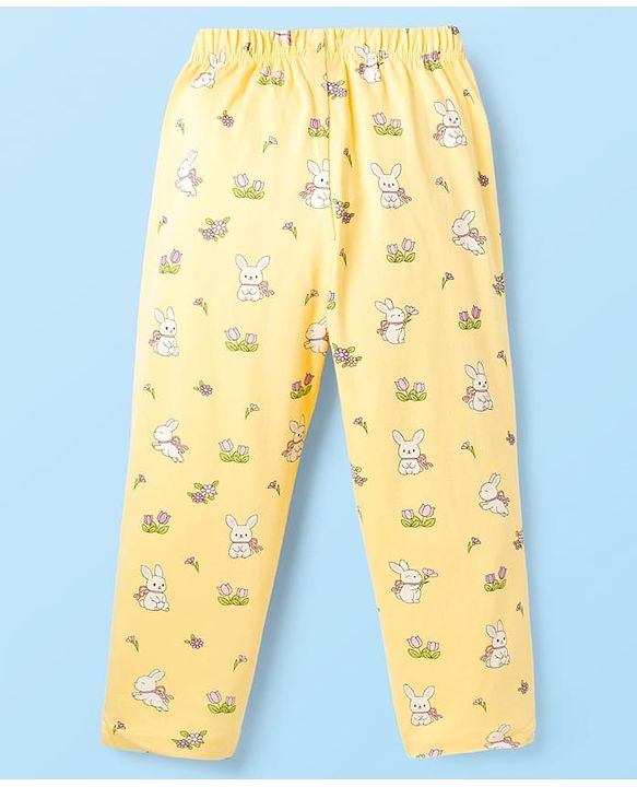 Babyhug Cotton Knit Half Sleeves Top & Pyjama Co-ord Night Suit With Bunny & Floral Print - Yellow