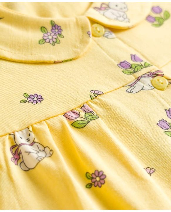 Babyhug Cotton Knit Half Sleeves Top & Pyjama Co-ord Night Suit With Bunny & Floral Print - Yellow