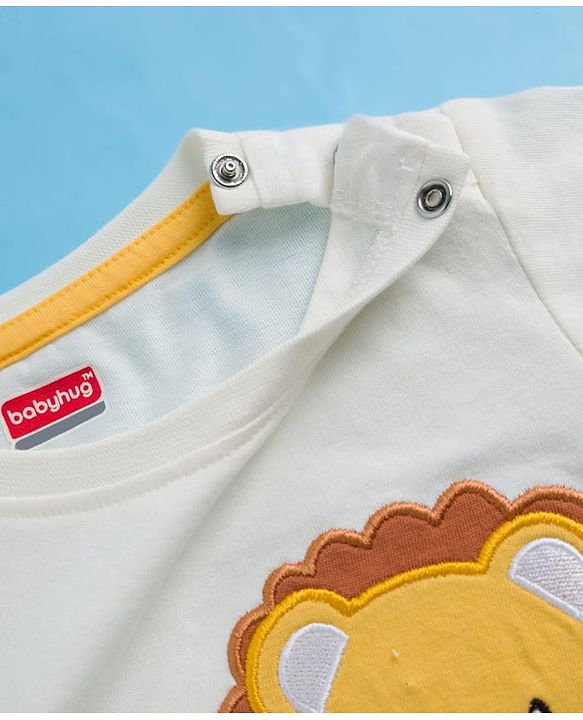 Babyhug 100% Cotton Knit Half Sleeves Striped T-Shirt With Lion Embroidery - Multicolour