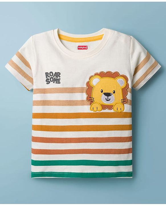 Babyhug 100% Cotton Knit Half Sleeves Striped T-Shirt With Lion Embroidery - Multicolour