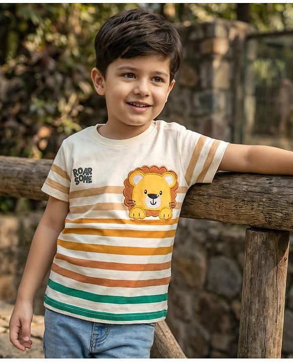 Babyhug 100% Cotton Knit Half Sleeves Striped T-Shirt With Lion Embroidery - Multicolour