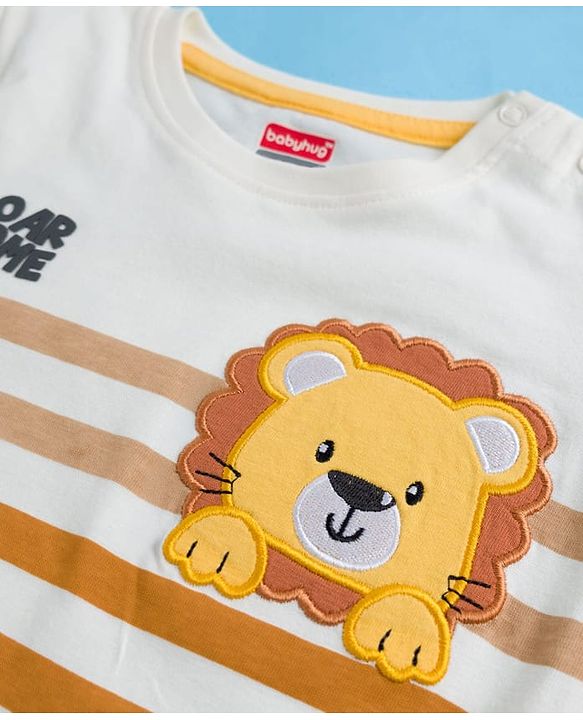 Babyhug 100% Cotton Knit Half Sleeves Striped T-Shirt With Lion Embroidery - Multicolour