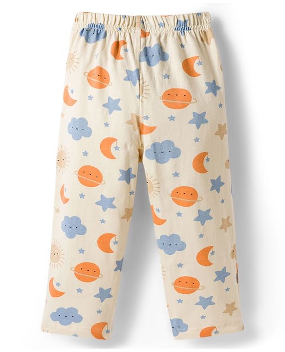 Babyhug Cotton Knit Full  Sleeves Front Open Moon & Star Printed Co-Ords Shirt & Pyjama Night Suit - Cream