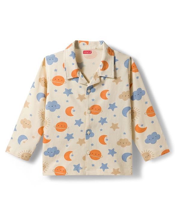 Babyhug Cotton Knit Full  Sleeves Front Open Moon & Star Printed Co-Ords Shirt & Pyjama Night Suit - Cream