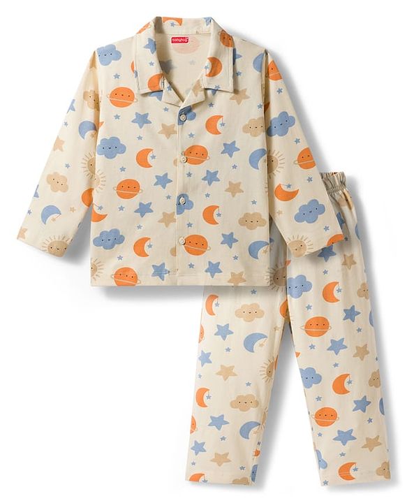 Babyhug Cotton Knit Full  Sleeves Front Open Moon & Star Printed Co-Ords Shirt & Pyjama Night Suit - Cream
