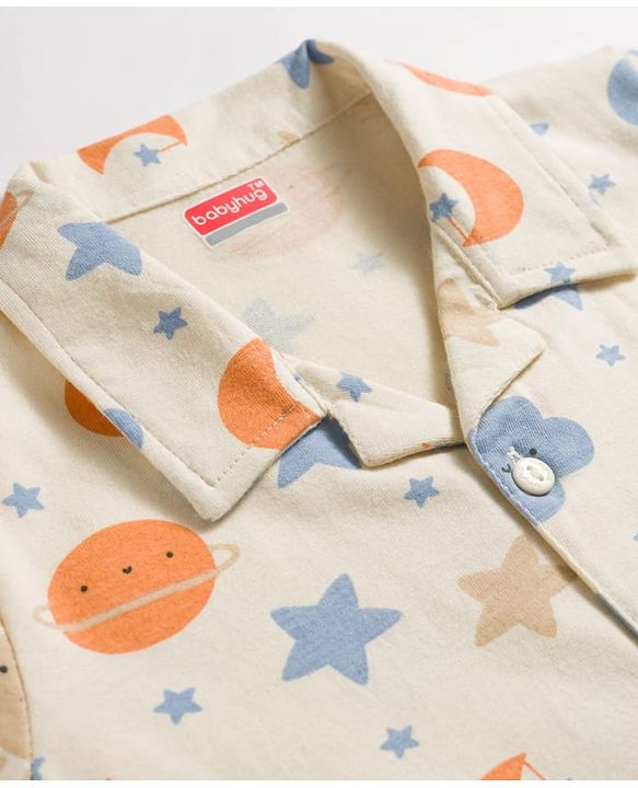 Babyhug Cotton Knit Full  Sleeves Front Open Moon & Star Printed Co-Ords Shirt & Pyjama Night Suit - Cream