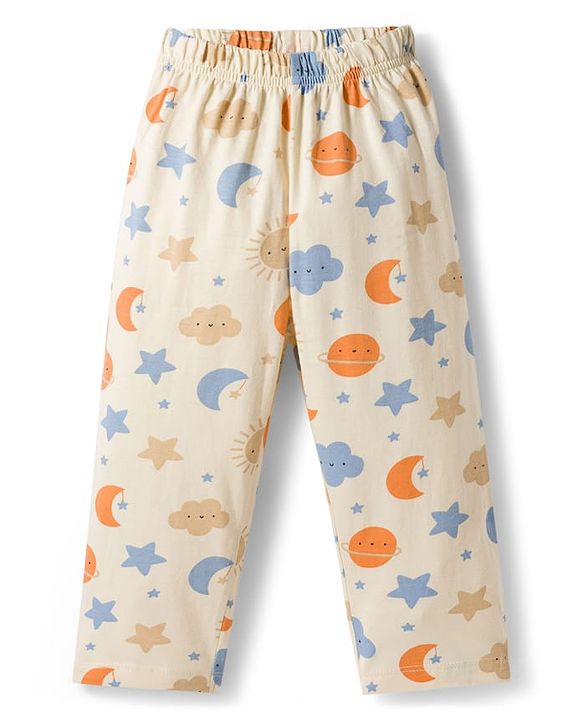 Babyhug Cotton Knit Full  Sleeves Front Open Moon & Star Printed Co-Ords Shirt & Pyjama Night Suit - Cream