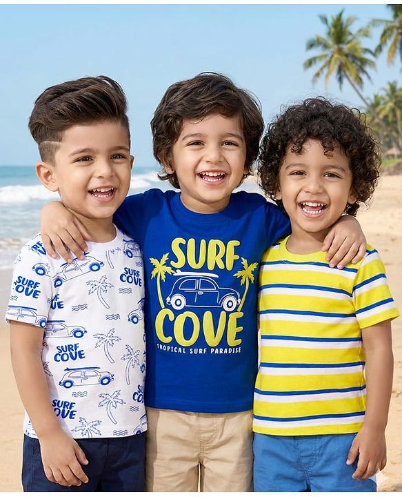 Babyhug 100% Cotton Knit Half Sleeves T-Shirts With Stripes & Beach Theme Printed Pack Of 3 - Multicolour