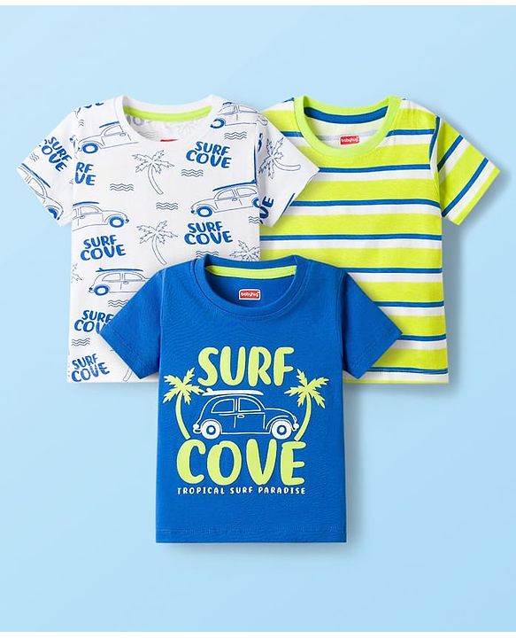 Babyhug 100% Cotton Knit Half Sleeves T-Shirts With Stripes & Beach Theme Printed Pack Of 3 - Multicolour