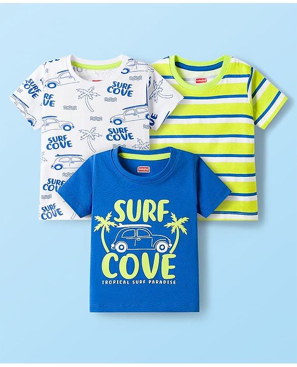 Babyhug 100% Cotton Knit Half Sleeves T-Shirts With Stripes & Beach Theme Printed Pack Of 3 - Multicolour