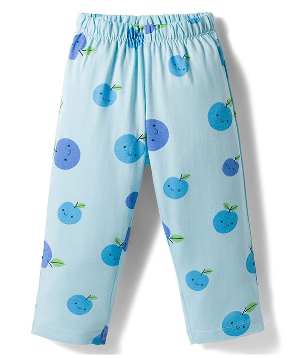 Babyhug Cotton Knit Full Sleeves Shirt & Pyjama Co-ord Night Suit With Fruit Print - Light Blue