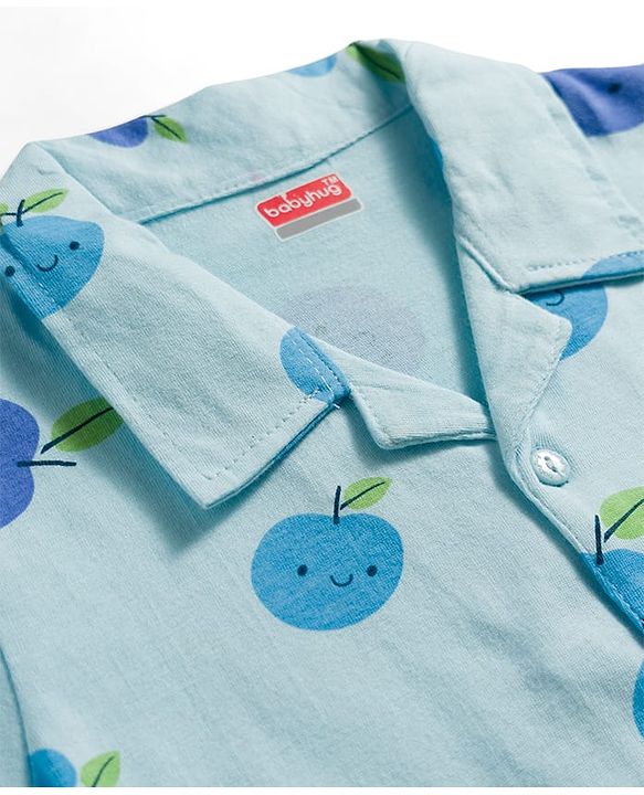Babyhug Cotton Knit Full Sleeves Shirt & Pyjama Co-ord Night Suit With Fruit Print - Light Blue