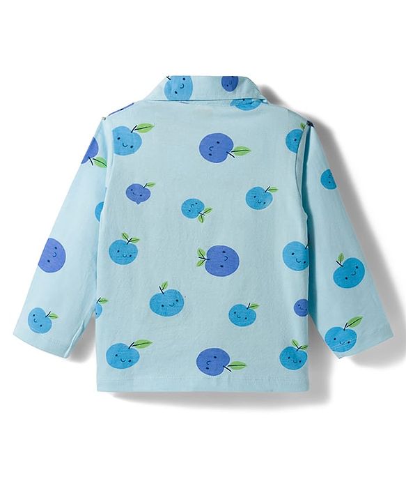 Babyhug Cotton Knit Full Sleeves Shirt & Pyjama Co-ord Night Suit With Fruit Print - Light Blue