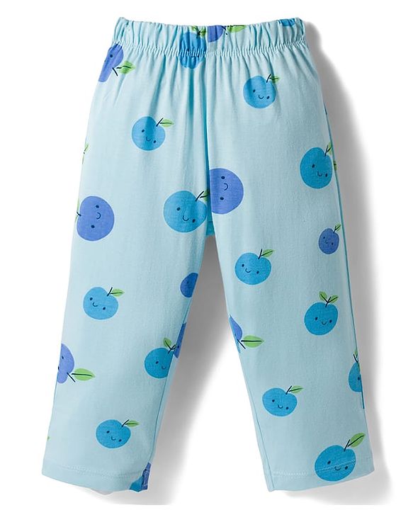 Babyhug Cotton Knit Full Sleeves Shirt & Pyjama Co-ord Night Suit With Fruit Print - Light Blue