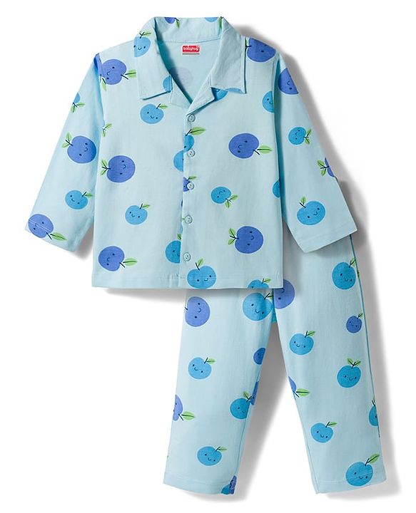 Babyhug Cotton Knit Full Sleeves Shirt & Pyjama Co-ord Night Suit With Fruit Print - Light Blue