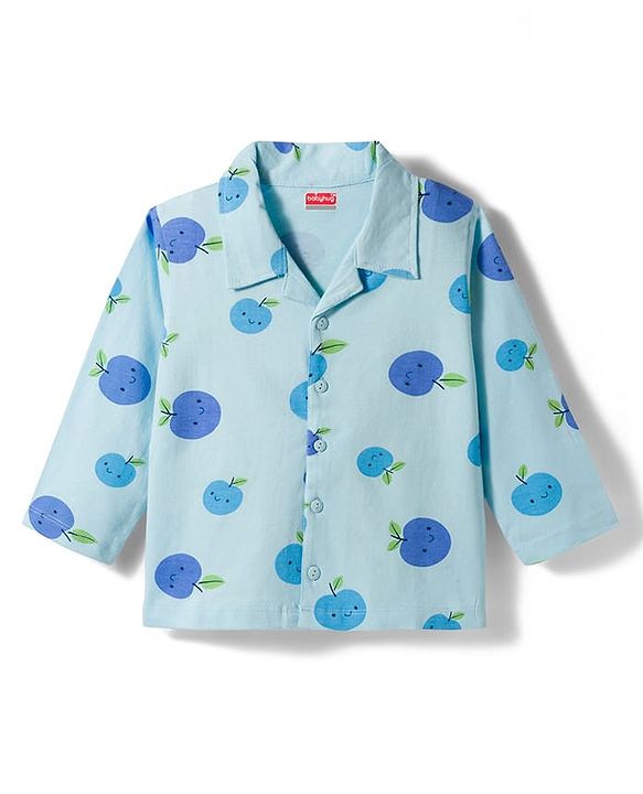 Babyhug Cotton Knit Full Sleeves Shirt & Pyjama Co-ord Night Suit With Fruit Print - Light Blue