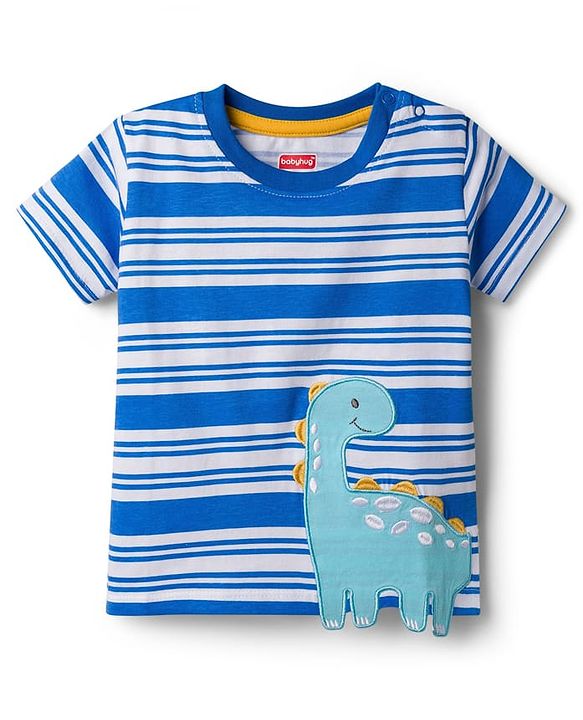 Babyhug Cotton Knit Half Sleeves Striped T-Shirt With Dino Patch - Multicolor
