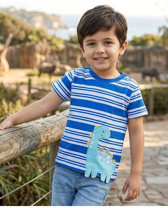 Babyhug Cotton Knit Half Sleeves Striped T-Shirt With Dino Patch - Multicolor