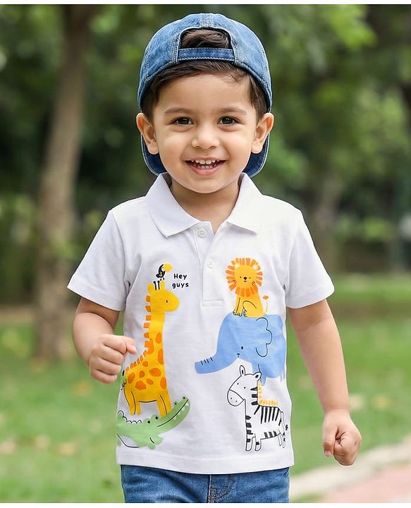 Babyhug 100% Cotton Knit Half Sleeves Polo T-Shirt with Jungle Theme Print - White