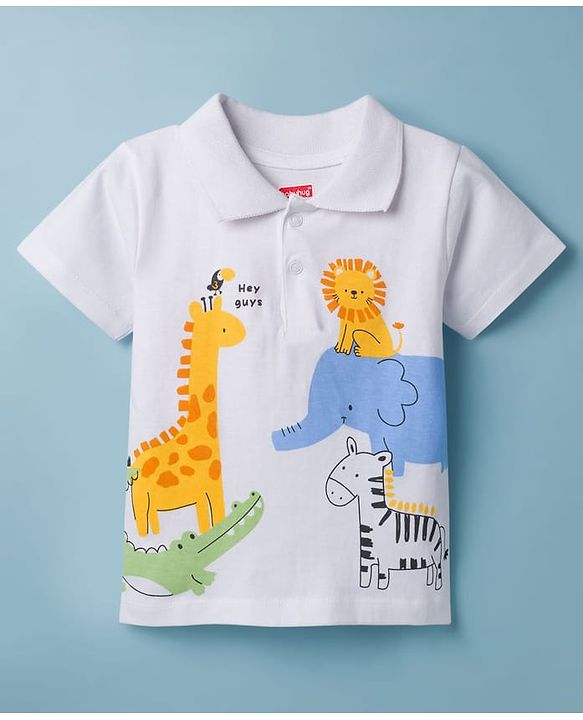 Babyhug 100% Cotton Knit Half Sleeves Polo T-Shirt with Jungle Theme Print - White