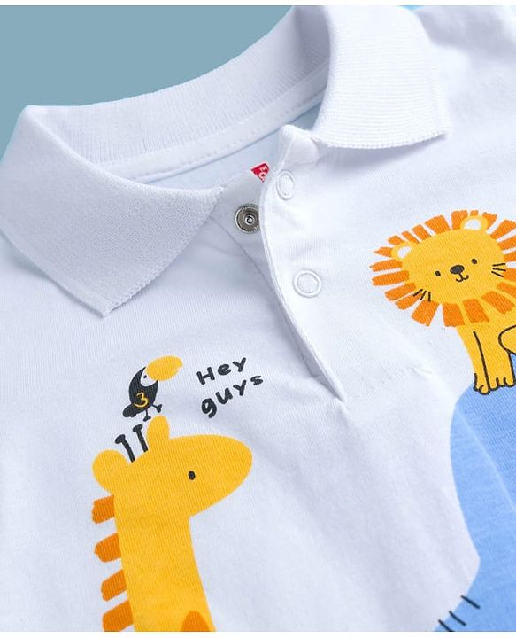 Babyhug 100% Cotton Knit Half Sleeves Polo T-Shirt with Jungle Theme Print - White