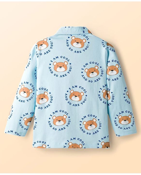 Babyhug Cotton Knit Full Sleeves Shirt & Pyjama Co-ord Night Suit With Teddy Bear Print - Light Blue