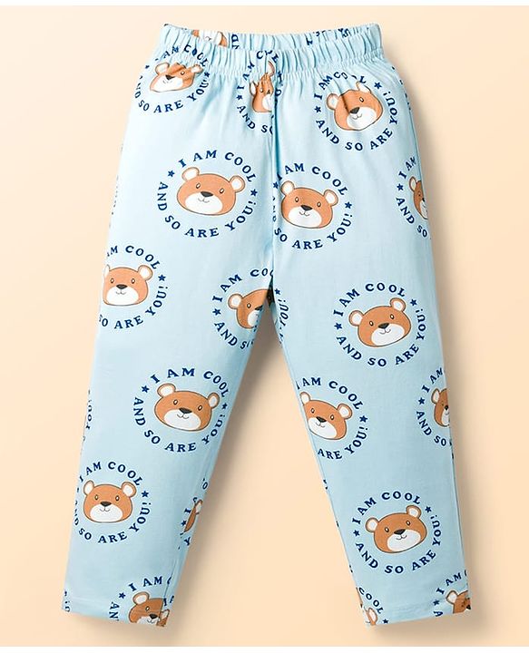 Babyhug Cotton Knit Full Sleeves Shirt & Pyjama Co-ord Night Suit With Teddy Bear Print - Light Blue