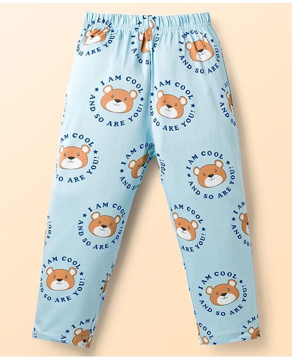 Babyhug Cotton Knit Full Sleeves Shirt & Pyjama Co-ord Night Suit With Teddy Bear Print - Light Blue